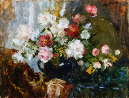 Jacques MARTIN (1844-1919) Bouquets de fleurs aux vases Huile sur toile Signée en...