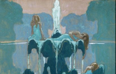 Jean-Francis AUBURTIN (1866-1930) Les nymphes dans la vasque, vers 1924 Gouache,...