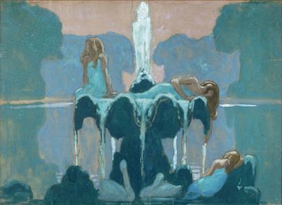 Jean-Francis AUBURTIN (1866-1930) Les nymphes dans la vasque, vers 1924 Gouache,...