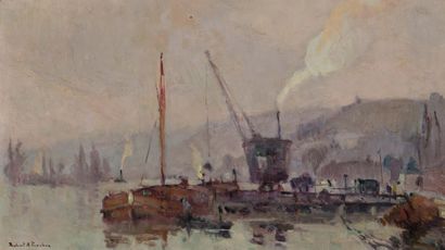 Robert Antoine PINCHON (1886-1943) Péniche et grue de transbordement en bord de Seine...