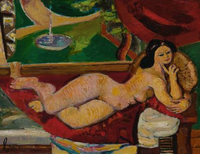 Louis LATAPIE (1891-1972) Nu aux rideaux rouges, vers 1936 Huile sur toile Signée...