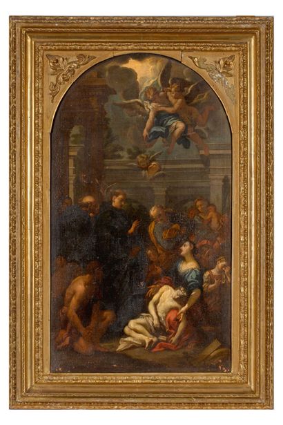 École NAPOLITAINE du XVIIIe siècle 
Scène religieuse préparatoire à un retable 

Huile...