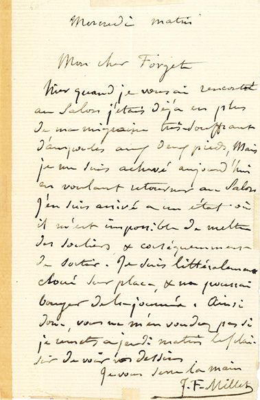 MILLET Jean-François (1814 - 1875) L.A.S. «J.F. Millet», Mercredi matin, à Charles-Gabriel...