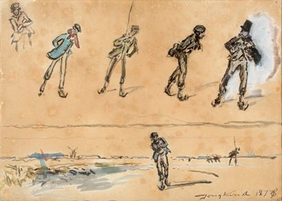Johan Barthold JONGKIND (1819 - 1891) Study of Skaters in Holland, 1878
Watercolor...