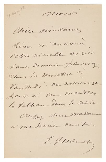 MANET ÉDOUARD (1832 - 1883) L.A.S. «E. Manet», Mardi [22 mars 1892], à Mme Henri...