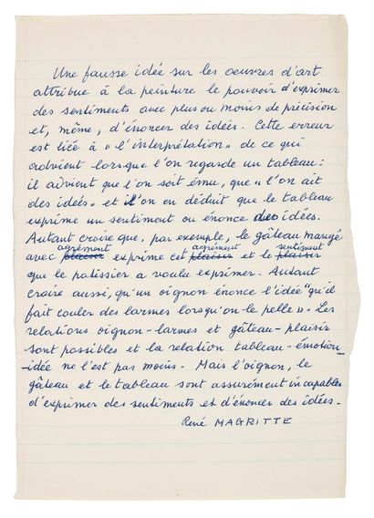 MAGRITTE René (1898 - 1967) MANUSCRIT autographe signé «René MAGRITTE», [octobre...