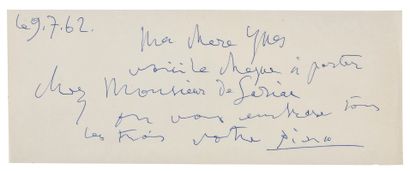 PICASSO Pablo (1881 - 1973) L.A.S. «Picasso», [Mougins] 9 juillet 1962, à Inès SASSIER,...
