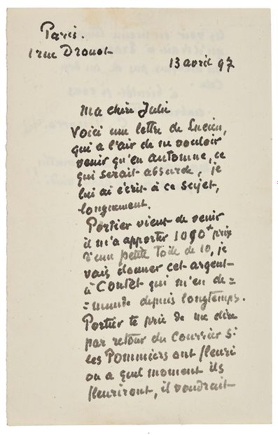 PISSARRO CAMILLE (1830 - 1903) L.A.S. «C. Pissarro», «Paris 1 rue Drouot» 13 avril...