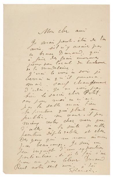 RENOIR AUGUSTE (1841 - 1919) L.A.S. «Renoir», [1883 ?], à Claude MONET ; 1 page in-8.
À...