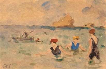 Georges d'ESPAGNAT (1870 - 1950) Baigneuses et homme dans un canot
Aquarelle et crayon...