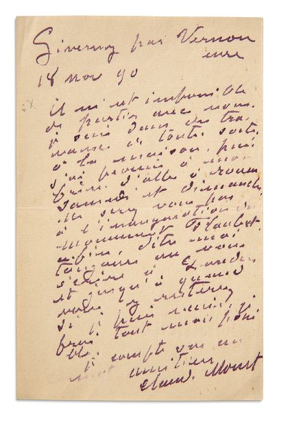 MONET CLAUDE (1840 - 1926) L.A.S. «Claude Monet», Giverny 18 novembre 1890, à Gustave...