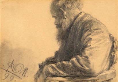 Adolph VON MENZEL (1815 - 1905) Vieil homme barbu assis, 1899
Crayon sur papier
Signé...