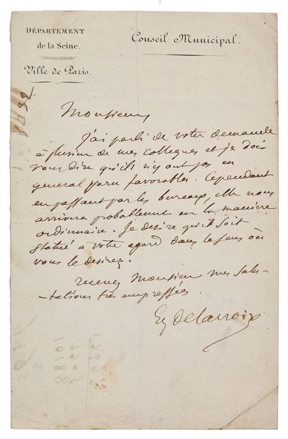 DELACROIX Eugène (1798 - 1863) L.A.S. «Eug. Delacroix» ; 1 page in-8 à en-tête Ville...