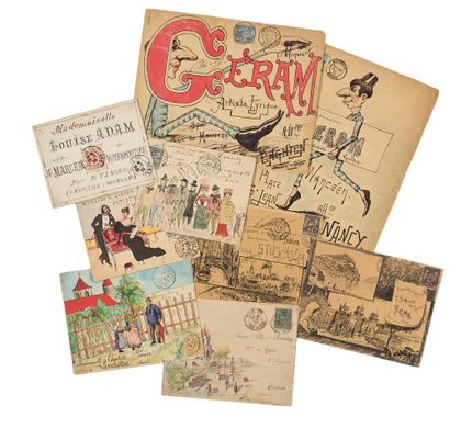  ART POSTAL Ensemble de 79 lettres et enveloppes peintes et illustrées de 1875 à...