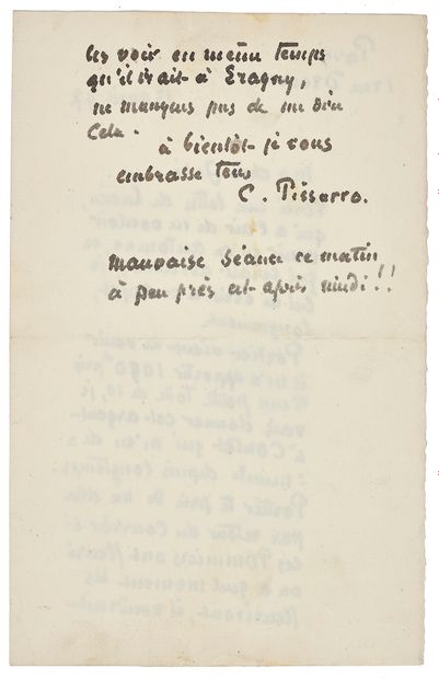 PISSARRO CAMILLE (1830 - 1903) L.A.S. «C. Pissarro», «Paris 1 rue Drouot» 13 avril...