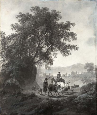 Jean PILLEMENT (Lyon, 1728 - 1808) La halte des bergers
Gouache en grisaille sur...
