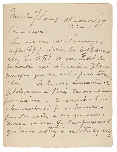 SISLEY Alfred (1839 - 1899) L.A.S. «A. Sisley», Moret sur Loing 15 janvier 1897 ;...