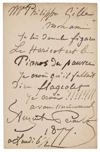 PRÉAULT AUGUSTE (1809 - 1879) L.A.S. «Auguste Préault», Lundi 1877, au journaliste...