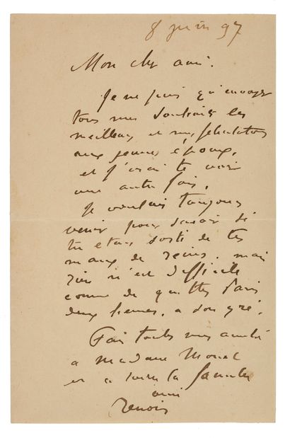 RENOIR AUGUSTE (1841 - 1919) L.A.S. «Renoir», 8 juin 1897, à Claude MONET; 1 page...