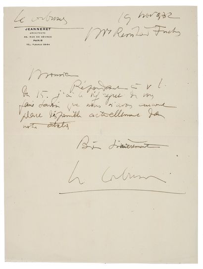 LE CORBUSIER Charles-Édouard Jeanneret dit (1887 - 1965) L.A.S. «Le Corbusier», Paris...