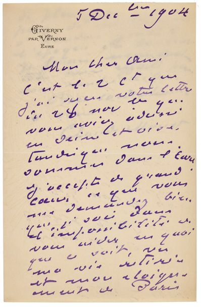 MONET CLAUDE (1840 - 1926) L.A.S. «Claude Monet», Giverny 5 décembre 1904, à un «cher...