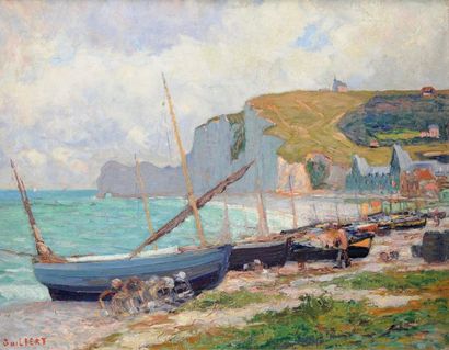 Narcisse GUILBERT (1878-1942) Barques échouées à Etretat, effet du matin Huile sur...