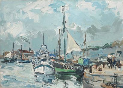 Fernand HERBO (1905-1995) Le port de Honfleur Huile sur toile Signé en bas à droite...