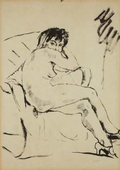 Jules PASCIN (1885-1930) Nu assis Encre sur papier, signée du cachet de l'artiste...