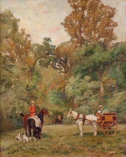 Daniel TARDIEU (1853-1929) Sous bois avec cavaliers et attelage Huile sur toile,...