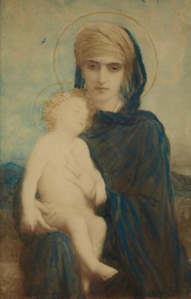 Antoine Auguste Ernest HEBERT(1817-1908) « Vierge à l'enfant » 
Reproduction rehaussée...