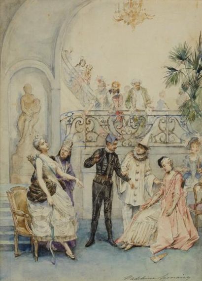Madeleine LEMAIRE (1845-1928) Le bal masqué Aquarelle, signée en bas à droite 28...