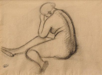 André DERAIN (Chatou, 1880- Garches, 1954) Etude de femme nue assise Fusain 36,5...