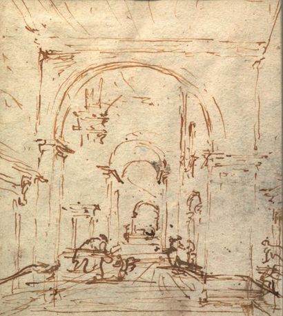 Attribué à Francesco GUARDI (Venise 1712-1793) Fantaisie architecturale animée, étude...