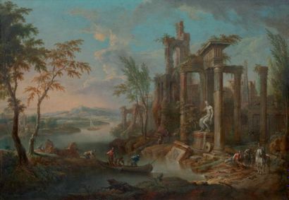 Franz Christophe JANNECK (1703-1761) Pêcheurs dans un paysage de ruines antiques...
