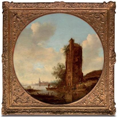 Dans le goût de Jan van GOYEN Paysage à la tour à l'entrée d'un estuaire Panneau...