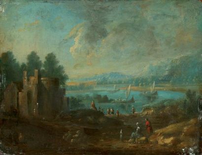 Le Maître MB Actif en Flandres au XVIIIème siècle Paysage fluvial animé Panneau de...