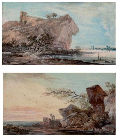 Attribué à Louis Gabriel MOREAU l'Ainé (1740-1806) Paire de paysage aux rochers Gouache...