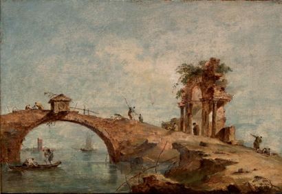 Dans le goût de Francesco GUARDI Caprice au pont de pierre dans la lagune Toile 26...