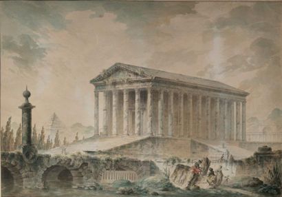 Entourage de Hubert ROBERT (Paris 1733-1808) Paysage architectural animé, avec la...