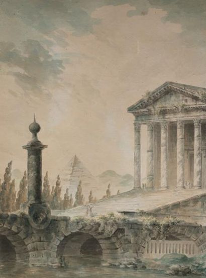 Entourage de Hubert ROBERT (Paris 1733-1808) Paysage architectural animé, avec la...