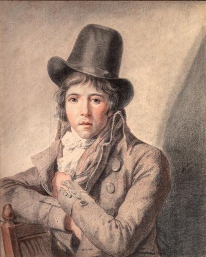 Ecole française vers 1790 Portrait d'homme en buste portant un chapeau Sanguine et...