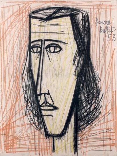 Bernard BUFFET (1928-1999) Portrait d'homme, 1953 Dessin au crayon gras, signé et...