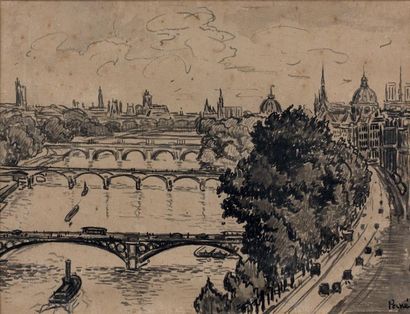 Jean Misceslas PESKE (1880-1949) Vue de la Seine à Paris Encre et lavis noir sur...