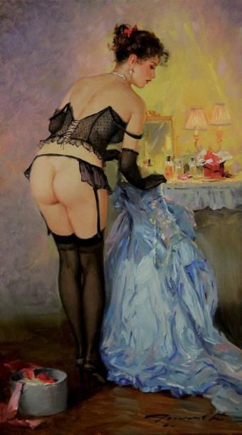 Constantin RAZOUMOV (né en 1974) La robe bleue Huile sur toile, signée en bas à droite...