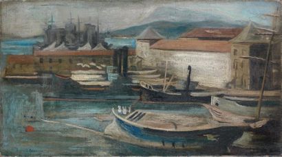 Leonid BERMAN (1896-1976) Bateaux au port, 1927 Huile sur toile, signée et datée...