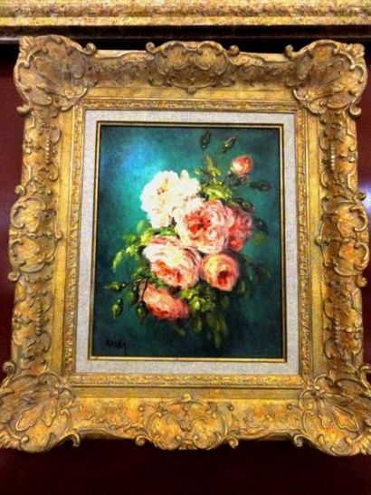 Marie Madeleine de RASKY - 1897-1972 Bouquet de roses sur fond verre Huile sur toile...