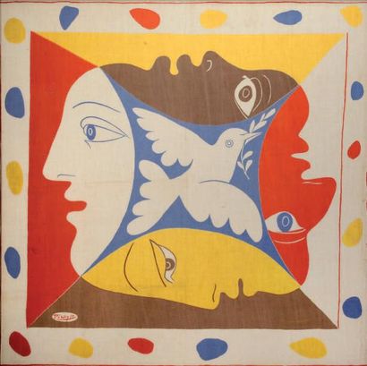 Pablo PICASSO (1881-1973) La colombe de la paix Impression sur tissu Signé en bas...