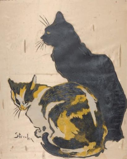 Théophile Alexandre STEINLEN (1859-1923) Les deux chats. Pochoir à l'huile sur soie...