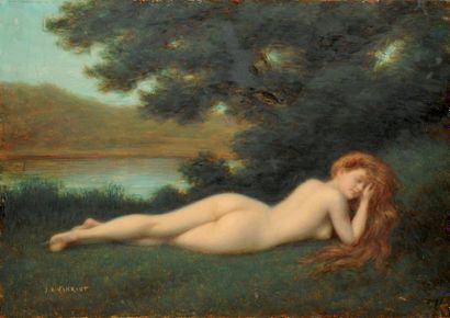 Jules Armand HANRIOT (1853-1877) Nymphe endormie Huile sur panneau Signé en bas à...