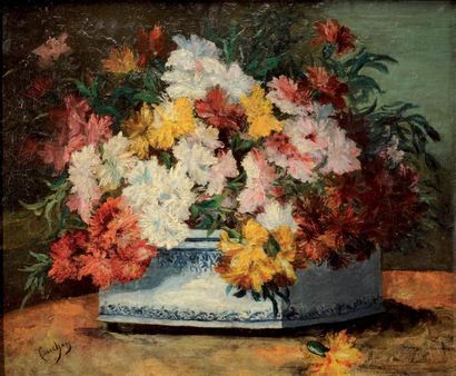 Eugène CAUCHOIS (1850-1911) Jardinière fleurie Huile sur panneau Signé en bas à gauche...
